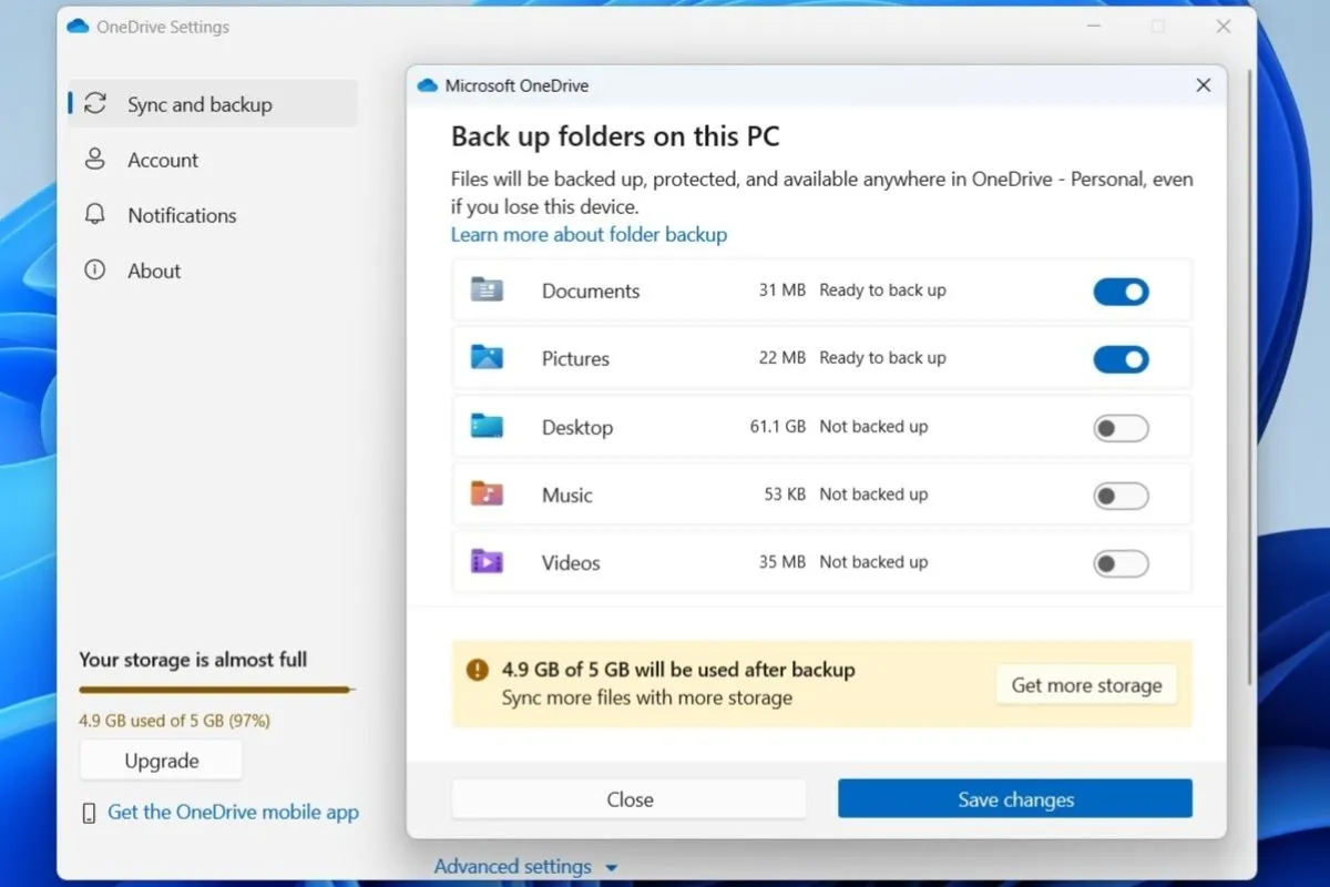 Cài đặt sao lưu OneDrive trên Windows, cho phép chọn thư mục đồng bộ và bảo vệ dữ liệu