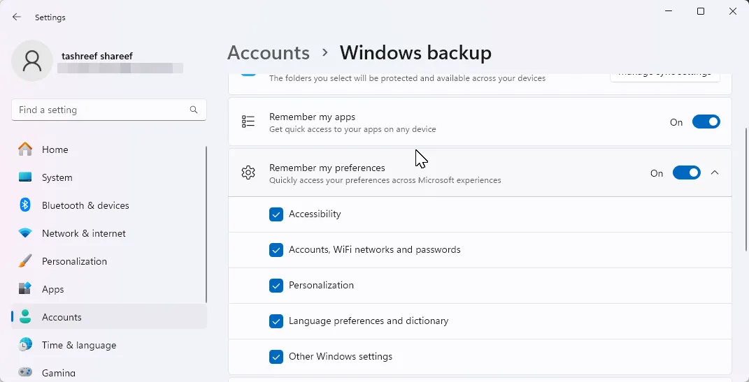 Cài đặt sao lưu Windows 11 hiển thị tùy chọn sao lưu dữ liệu máy tính