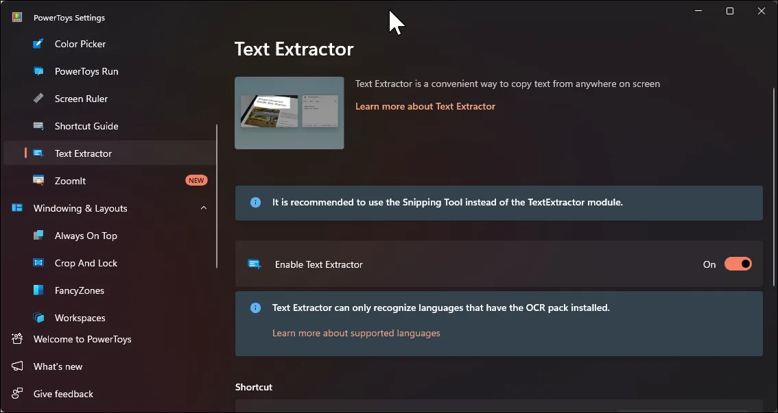 Cài đặt Text Extractor trong PowerToys, hiển thị tùy chọn bật/tắt tính năng trích xuất văn bản từ hình ảnh trên màn hình Windows.
