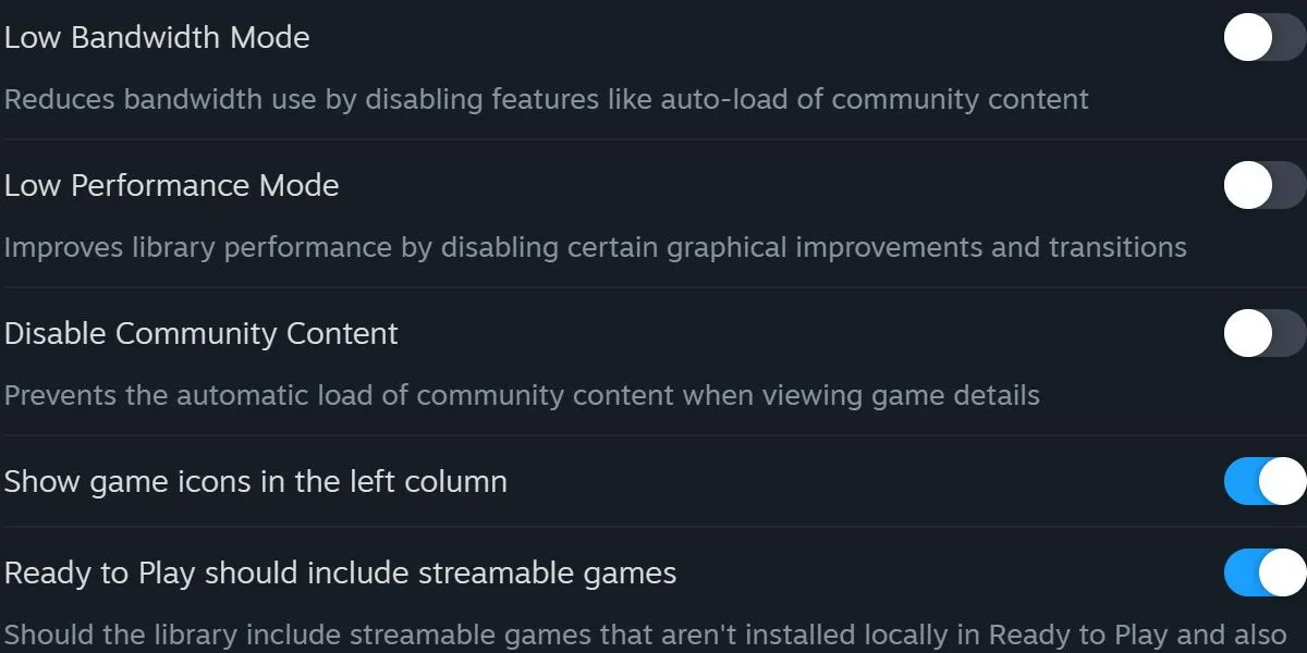 Cài đặt thư viện Steam với tùy chọn bật Chế độ Hiệu suất Thấp