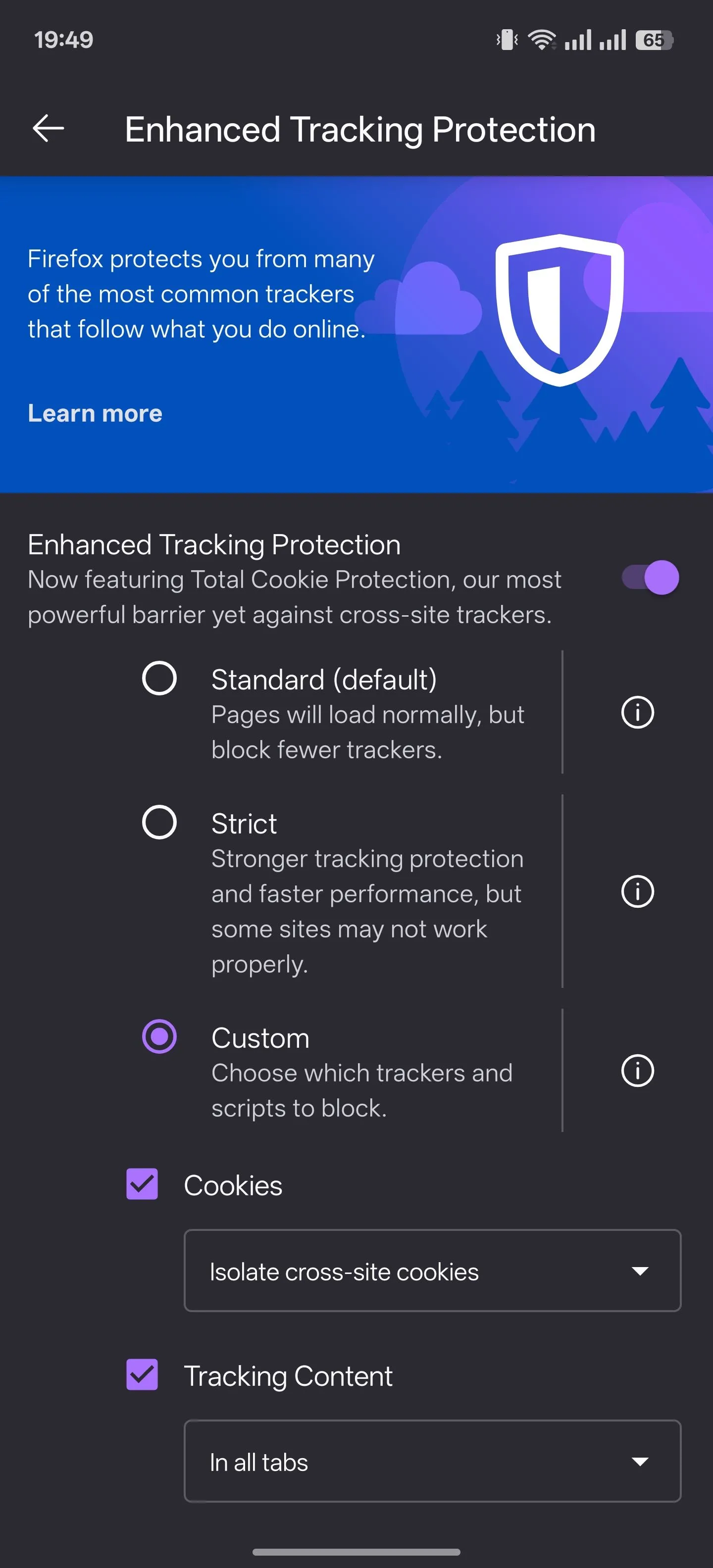 Cài đặt tính năng Bảo vệ chống theo dõi nâng cao (ETP) trong trình duyệt Firefox trên Android.
