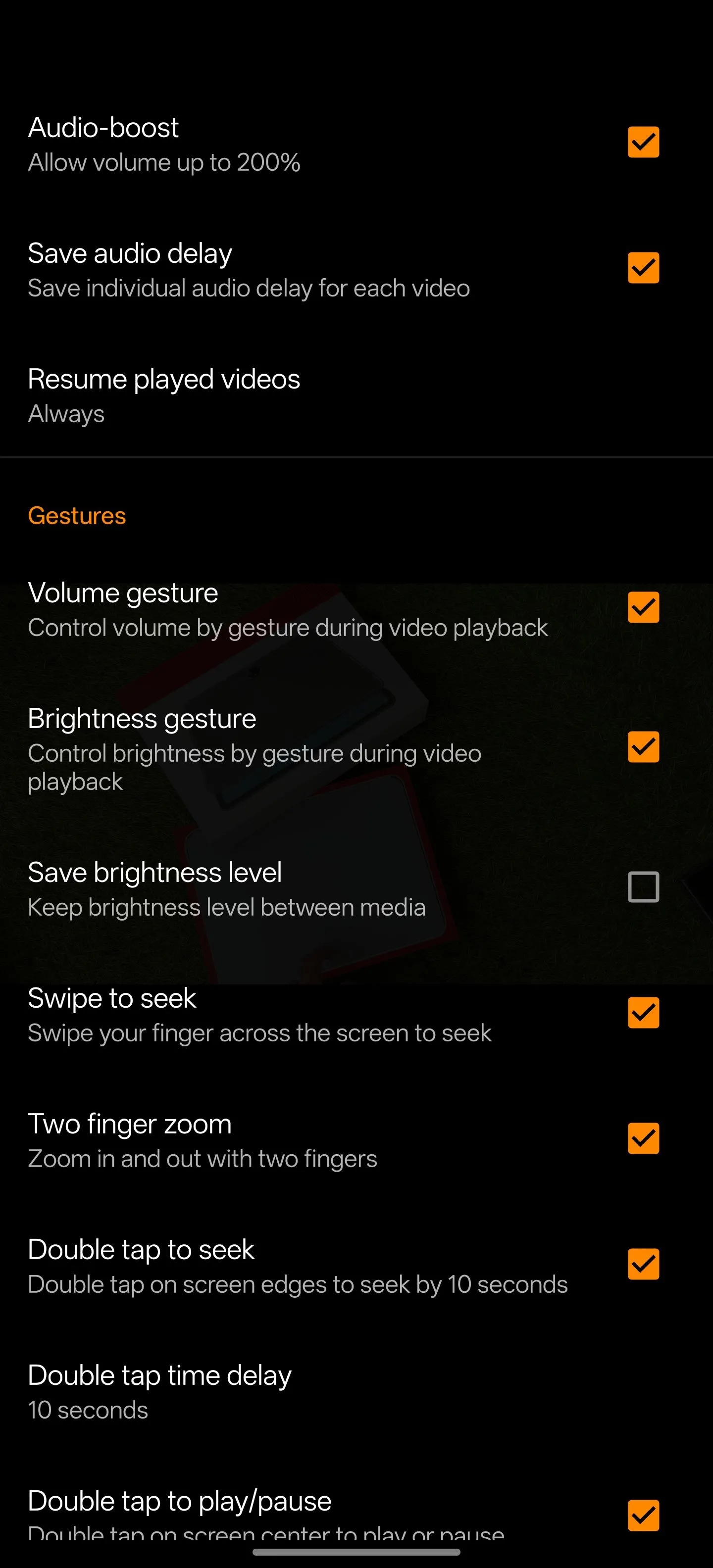 Cài đặt tùy chỉnh trong ứng dụng VLC cho Android, hiển thị các tùy chọn âm thanh và video.