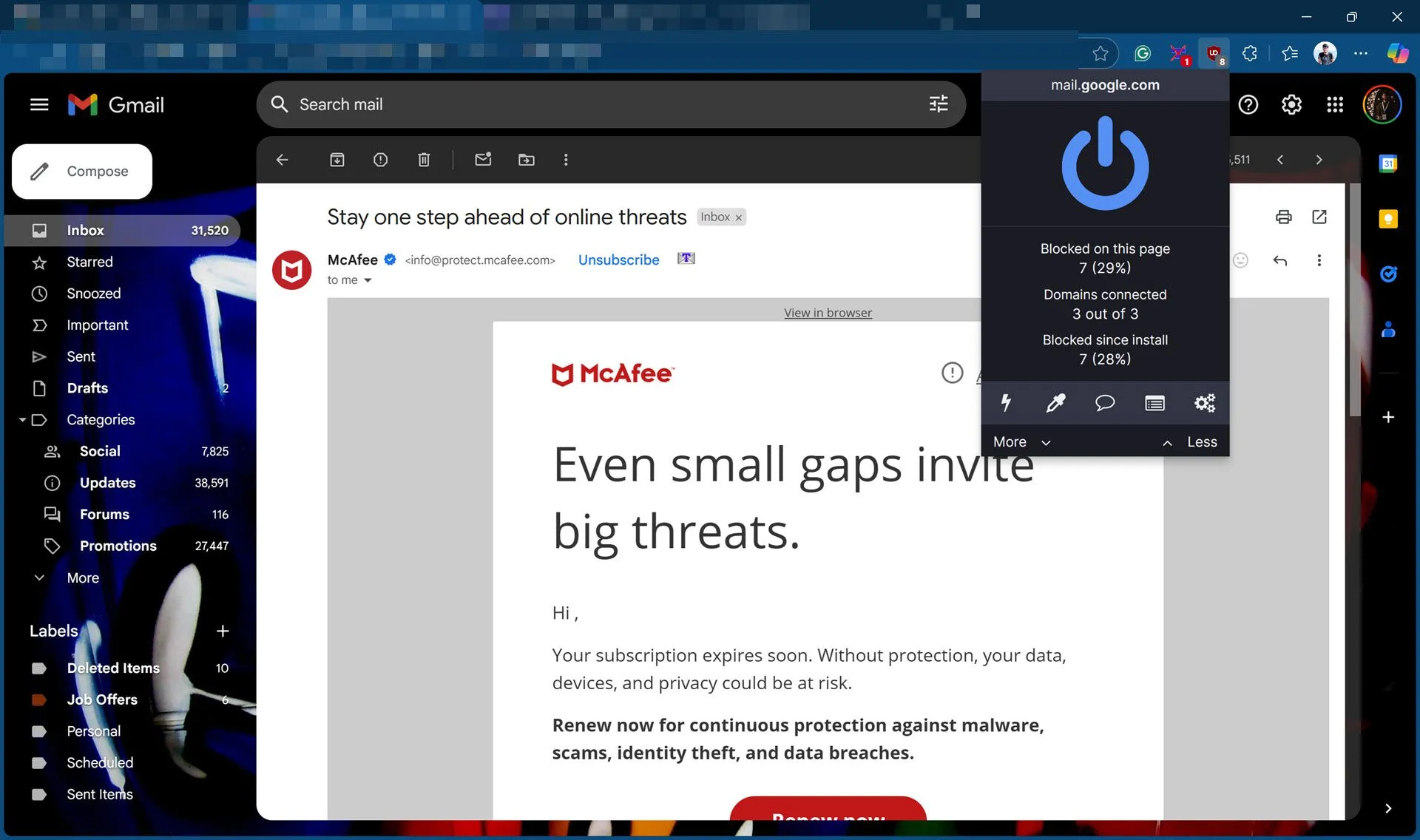 Cài đặt uBlock Origin với tùy chọn chặn các thành phần theo dõi email, giúp tăng cường quyền riêng tư.