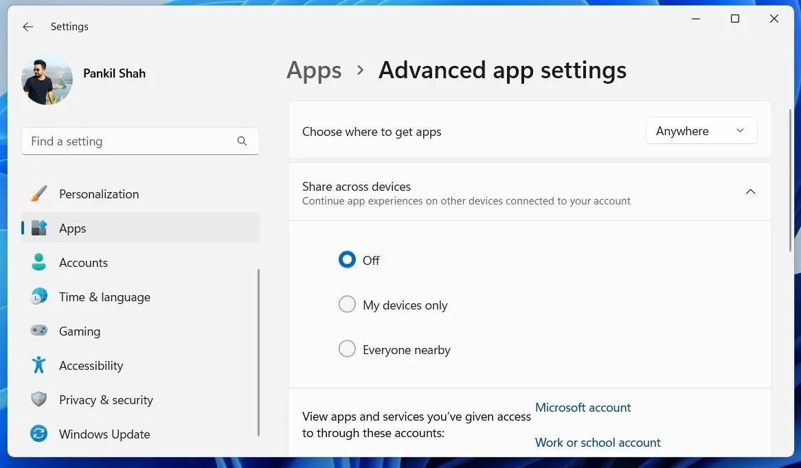 Cài đặt ứng dụng nâng cao trên Windows 11 về chia sẻ thiết bị