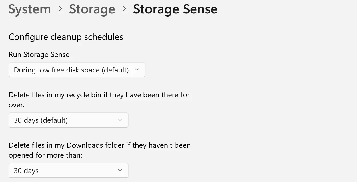 Cài đặt và lên lịch dọn dẹp cho tính năng Storage Sense trong ứng dụng Cài đặt trên Windows 11