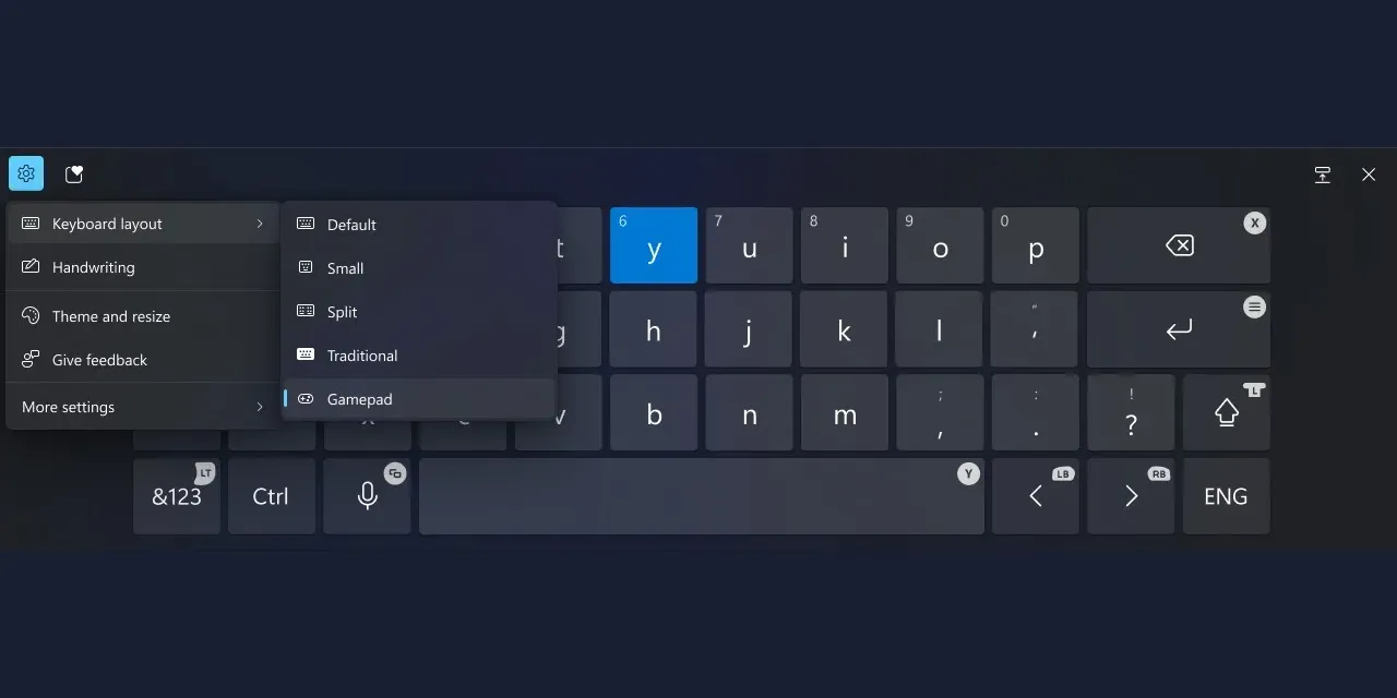 Cài đặt Windows 11 cho phép chuyển đổi sang bàn phím ảo Gamepad Keyboard dành cho tay cầm Xbox.