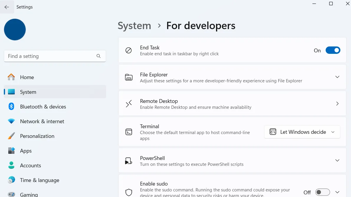 Cài đặt Windows 11 hiển thị menu dành cho nhà phát triển để bật tùy chọn End task
