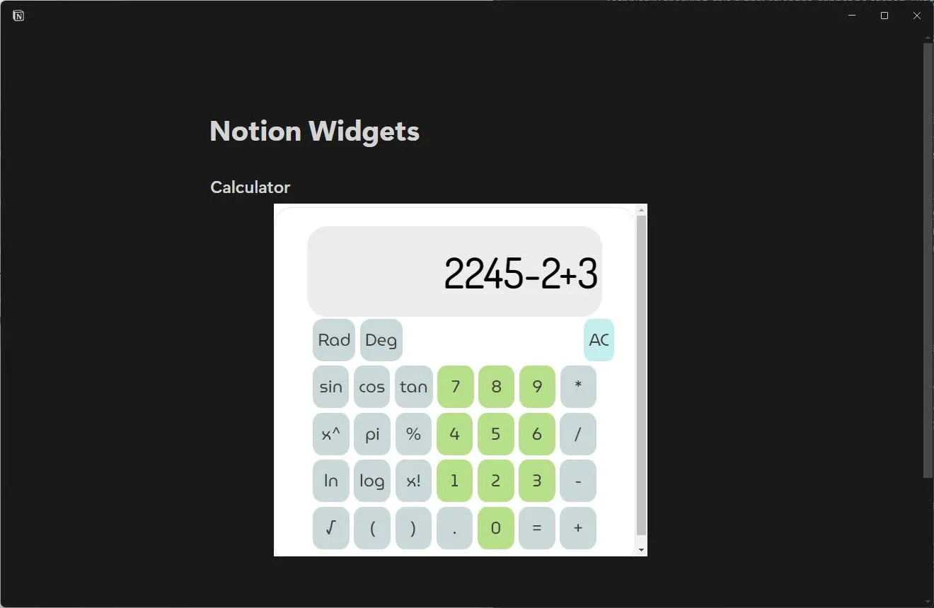 Calculator widget hiện máy tính trực quan trong Notion