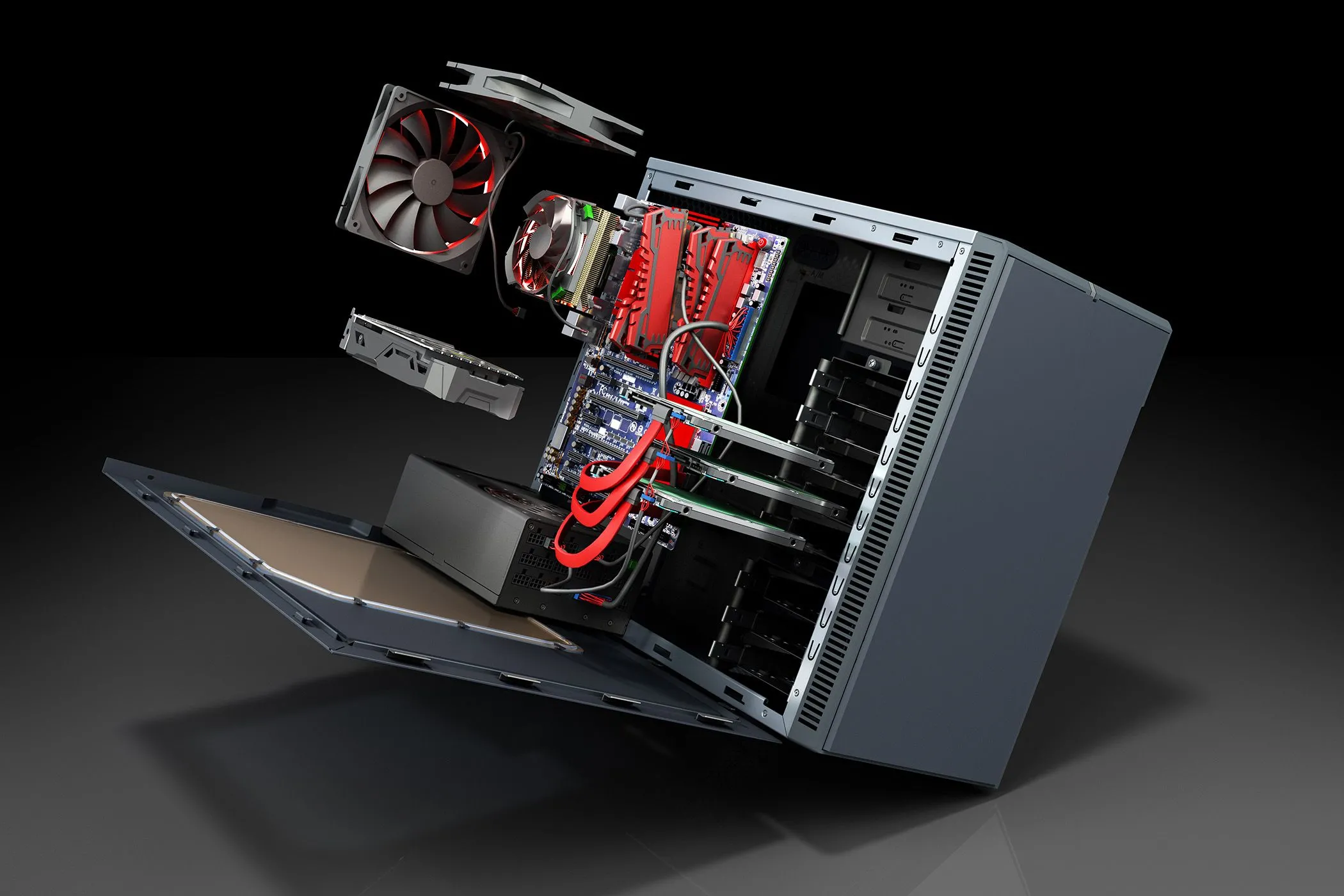 Cận cảnh bên trong vỏ case PC để bàn với các linh kiện bo mạch chủ và card đồ họa