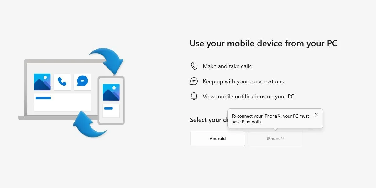 Cận cảnh màn hình thiết lập ứng dụng Microsoft Phone Link trên Windows, hiển thị mã QR để ghép nối với điện thoại di động.