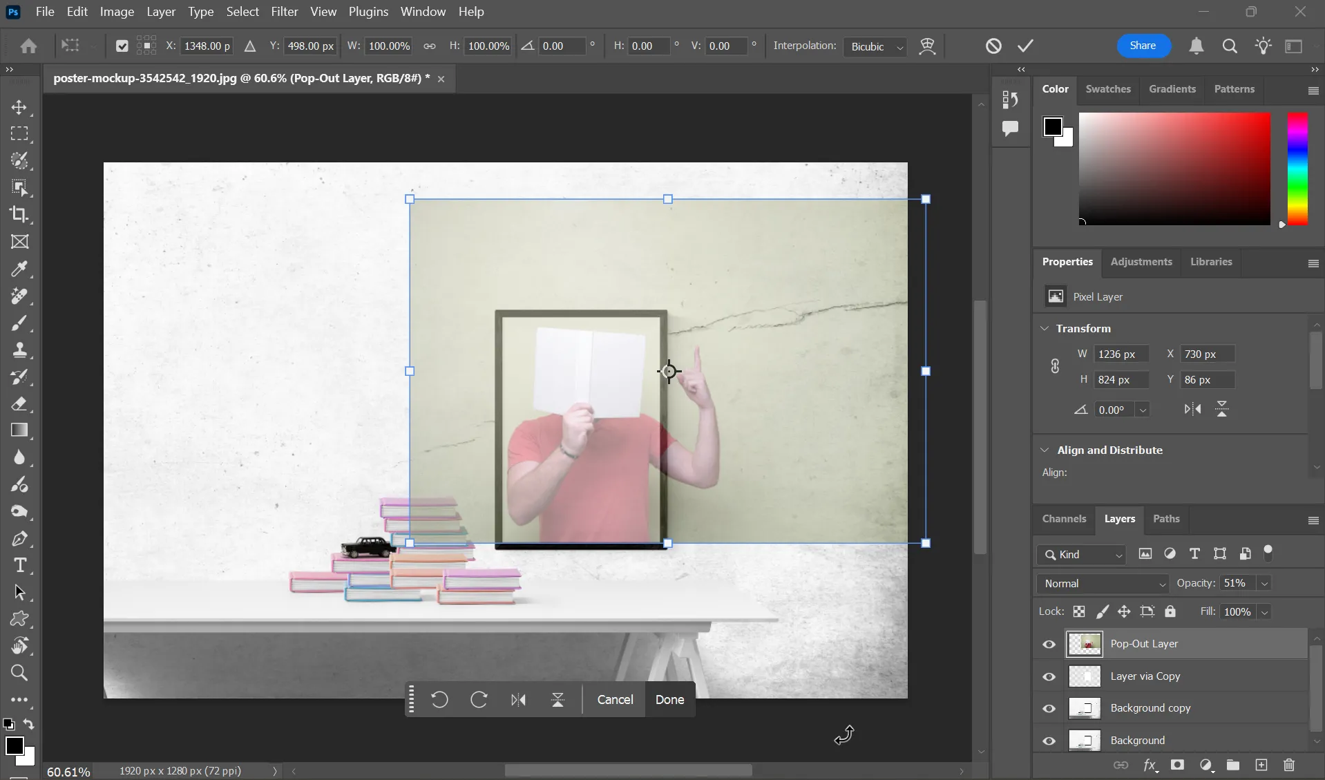 Căn chỉnh vị trí của layer ảnh pop-out trong Photoshop