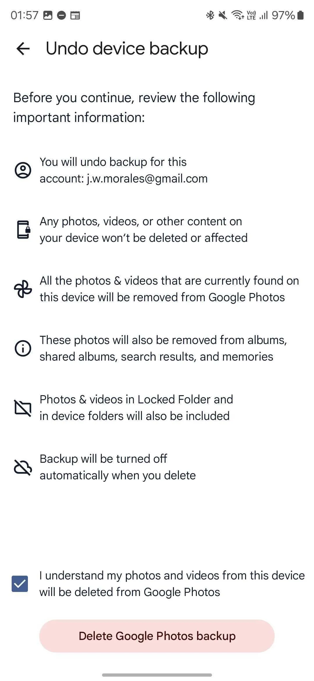 Cảnh báo quan trọng khi thực hiện hoàn tác sao lưu trên Google Photos, nhấn mạnh việc ảnh sẽ chỉ còn trên thiết bị