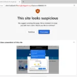 Cảnh báo "Scareware Blocker" của Microsoft Edge khi phát hiện trang web đáng ngờ, hiển thị các tùy chọn "Đóng trang" hoặc "Tiếp tục" mà không có số điện thoại hỗ trợ.
