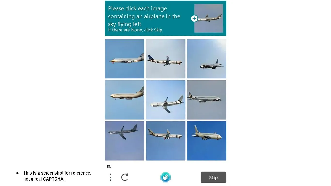 CAPTCHA thử thách nhận diện máy bay hướng trái với hình ảnh do AI tạo