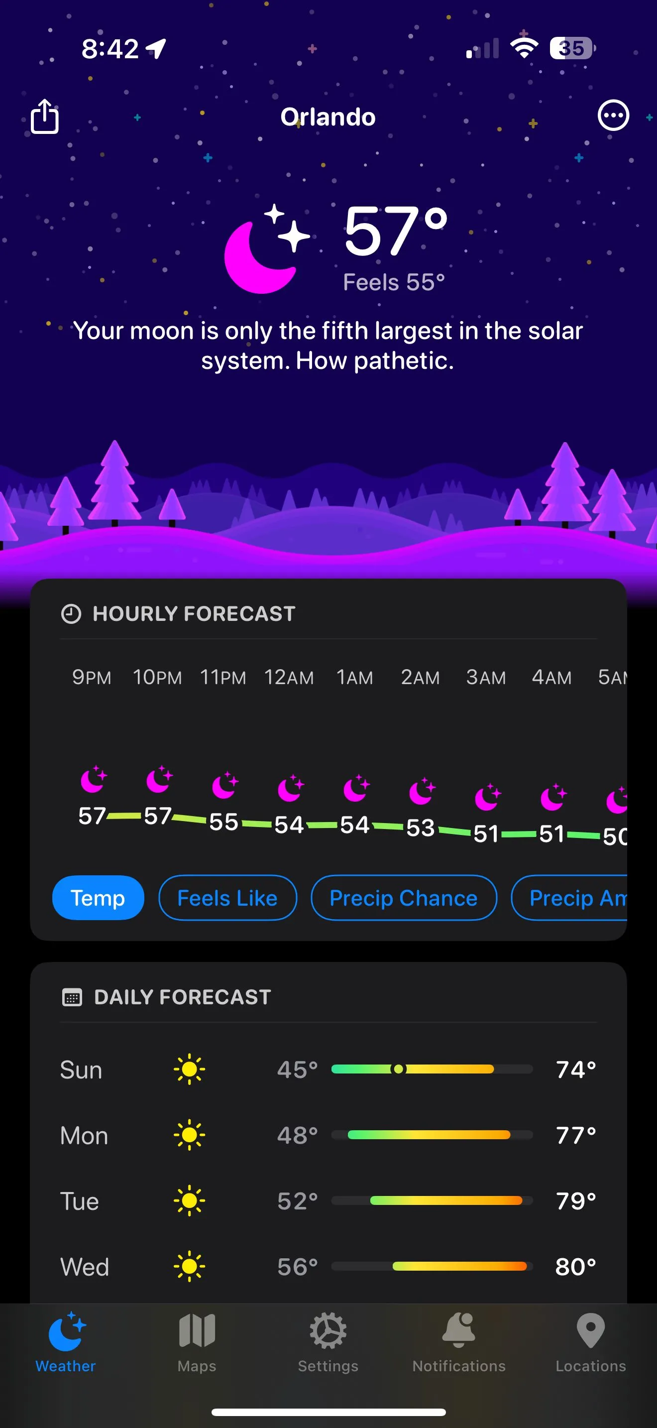 Carrot Weather hiển thị dự báo thời tiết Orlando với lời bình châm biếm trên iPhone