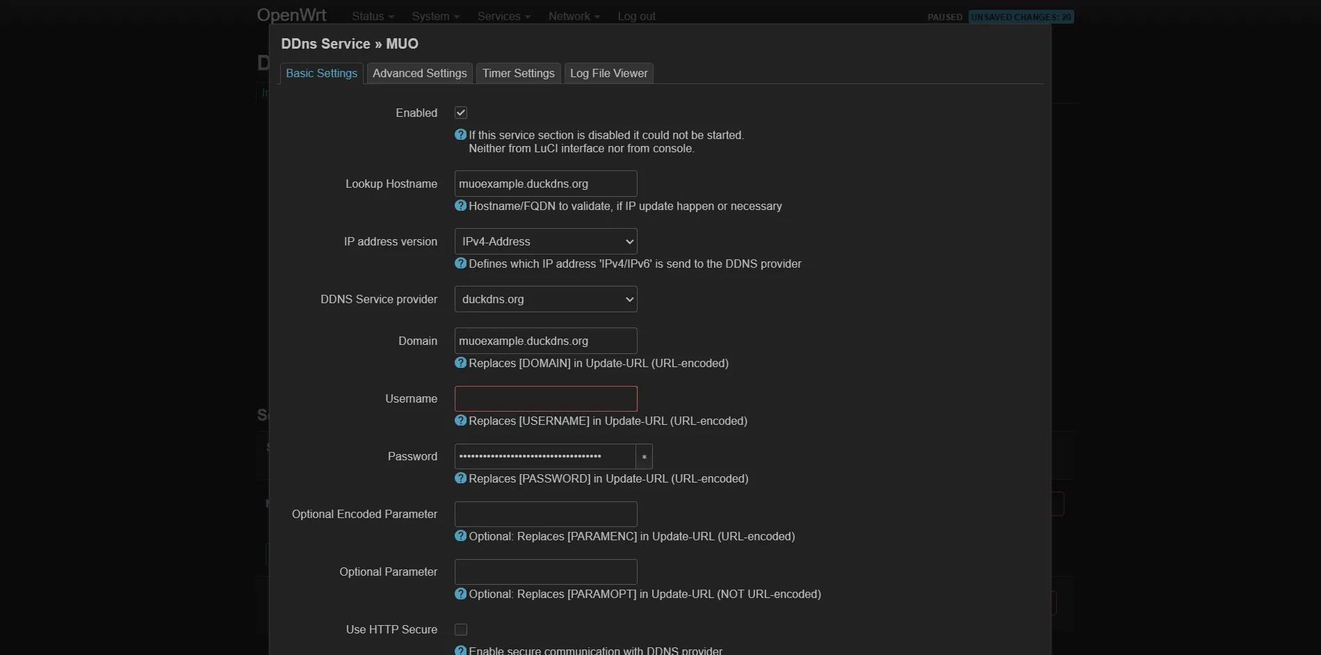 Cấu hình dịch vụ Dynamic DNS DuckDNS trên giao diện OpenWrt LuCI