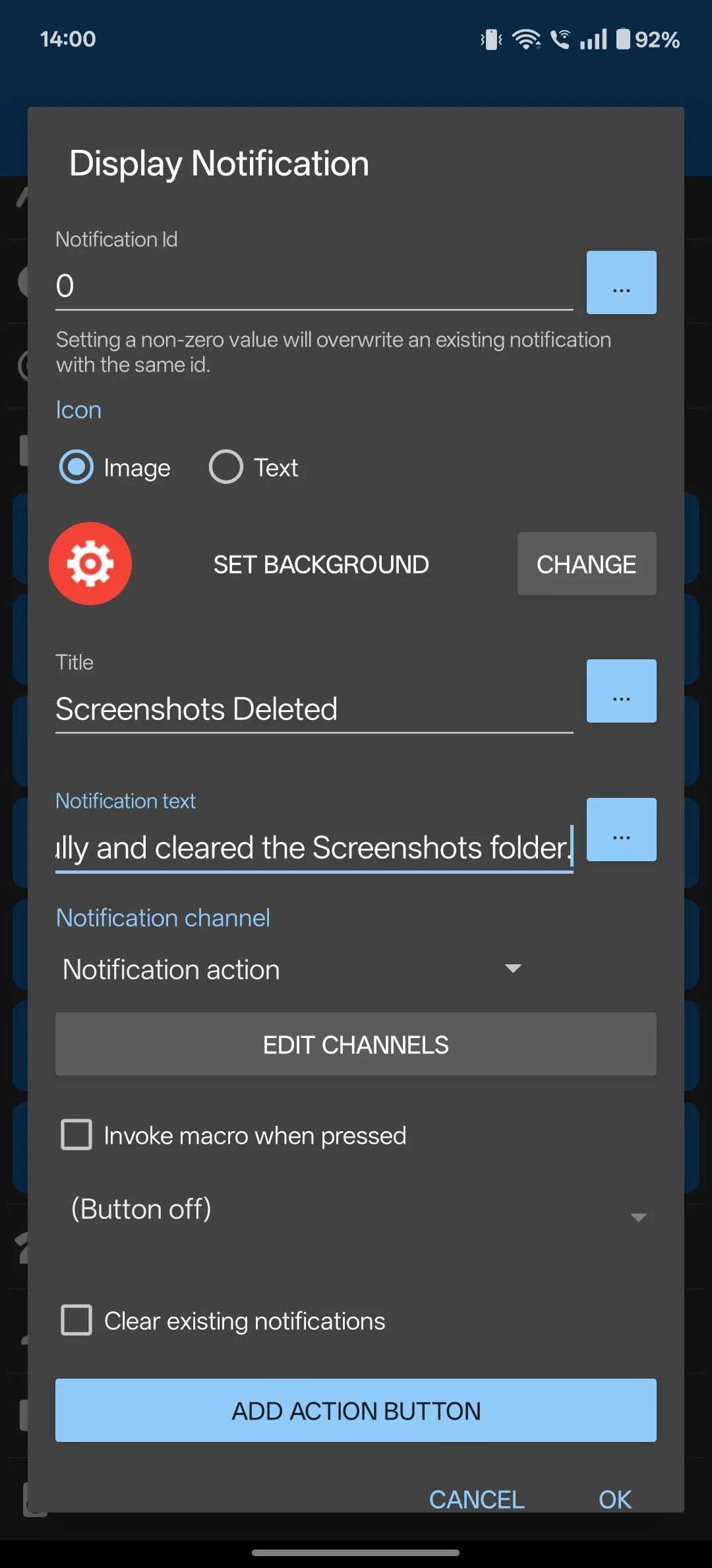 Cấu hình hành động Hiển thị Thông báo (Display Notification) cho macro xóa ảnh trong MacroDroid, điền tiêu đề và nội dung thông báo.