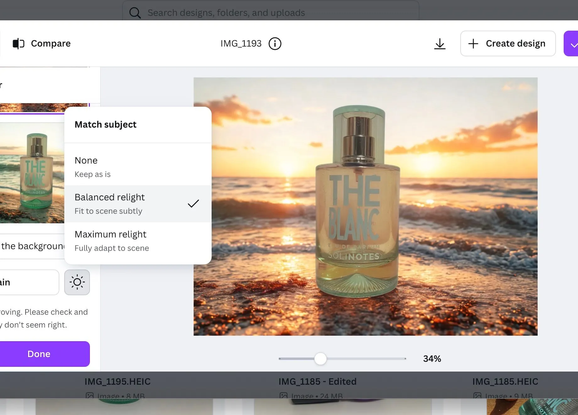 Chai nước hoa với nền biển sau khi dùng Relight của Canva, ánh sáng hài hòa hơn