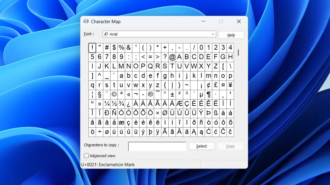 Character Map trên Windows 11 hiển thị các ký tự đặc biệt