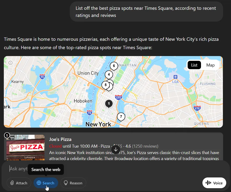 ChatGPT cung cấp danh sách quán pizza ngon nhất gần Quảng trường Thời đại, New York