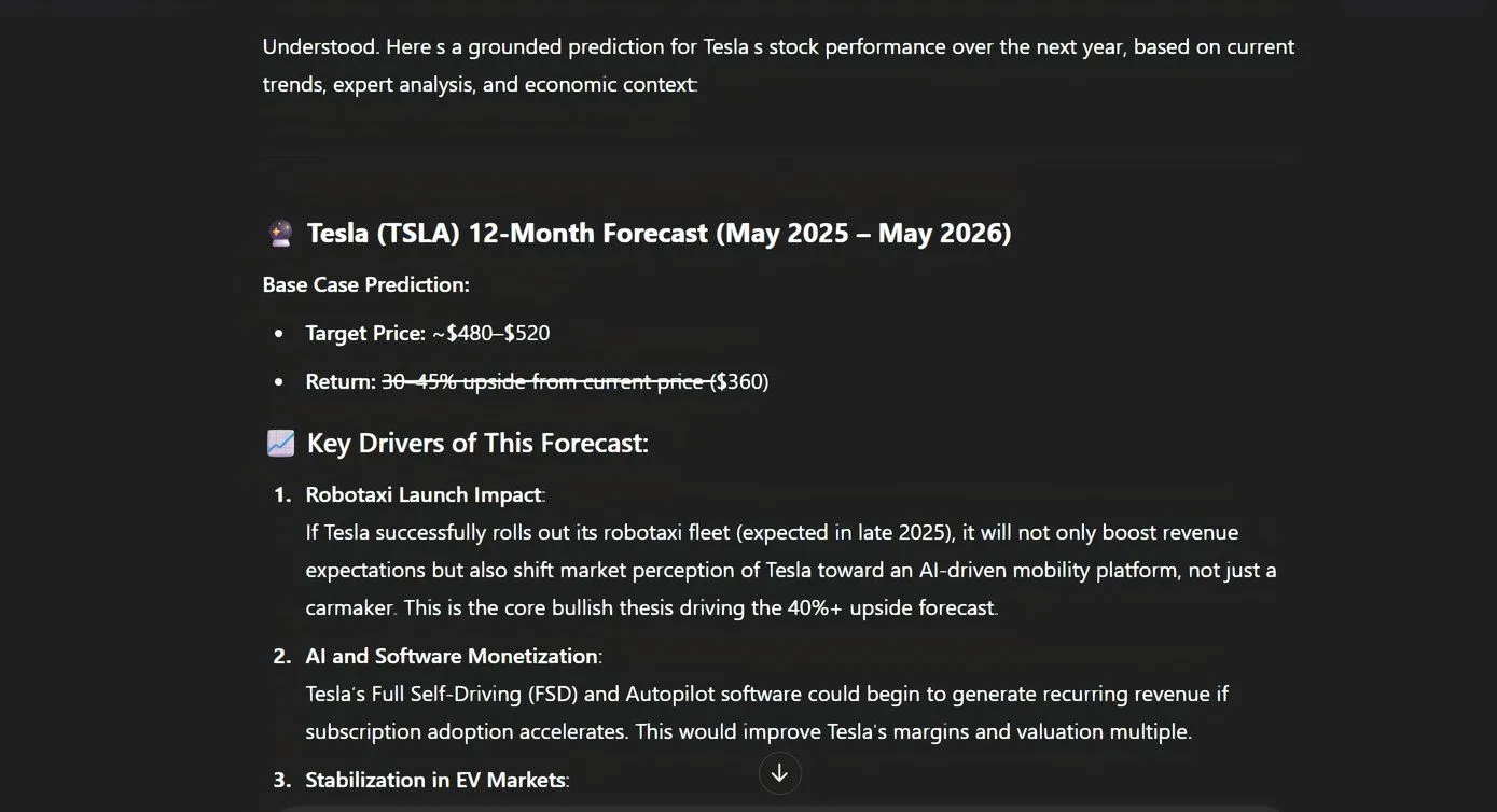 ChatGPT đưa ra phản hồi khi được yêu cầu dự đoán giá cổ phiếu Tesla