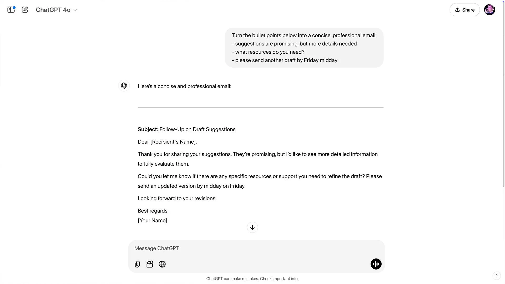 ChatGPT minh họa cách biến các gạch đầu dòng thành email hoàn chỉnh để tiết kiệm thời gian