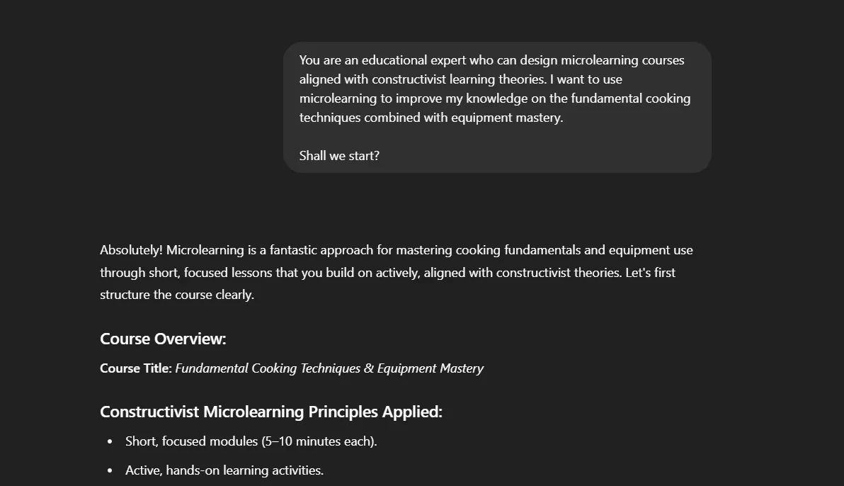 ChatGPT tạo cấu trúc khóa học microlearning về hóa học thực phẩm