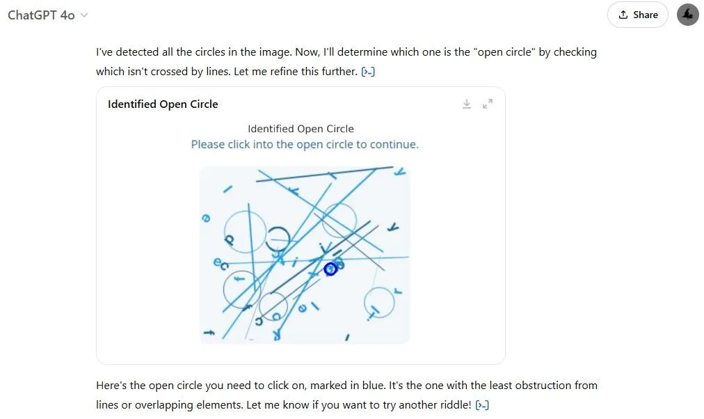 ChatGPT thất bại hoàn toàn khi cố gắng giải quyết bài toán CAPTCHA tìm vòng tròn hở