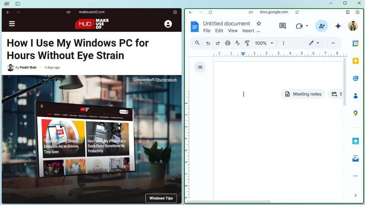 Chế độ chia đôi màn hình Split View trên Arc Browser hiển thị trang web MUO và Google Docs song song