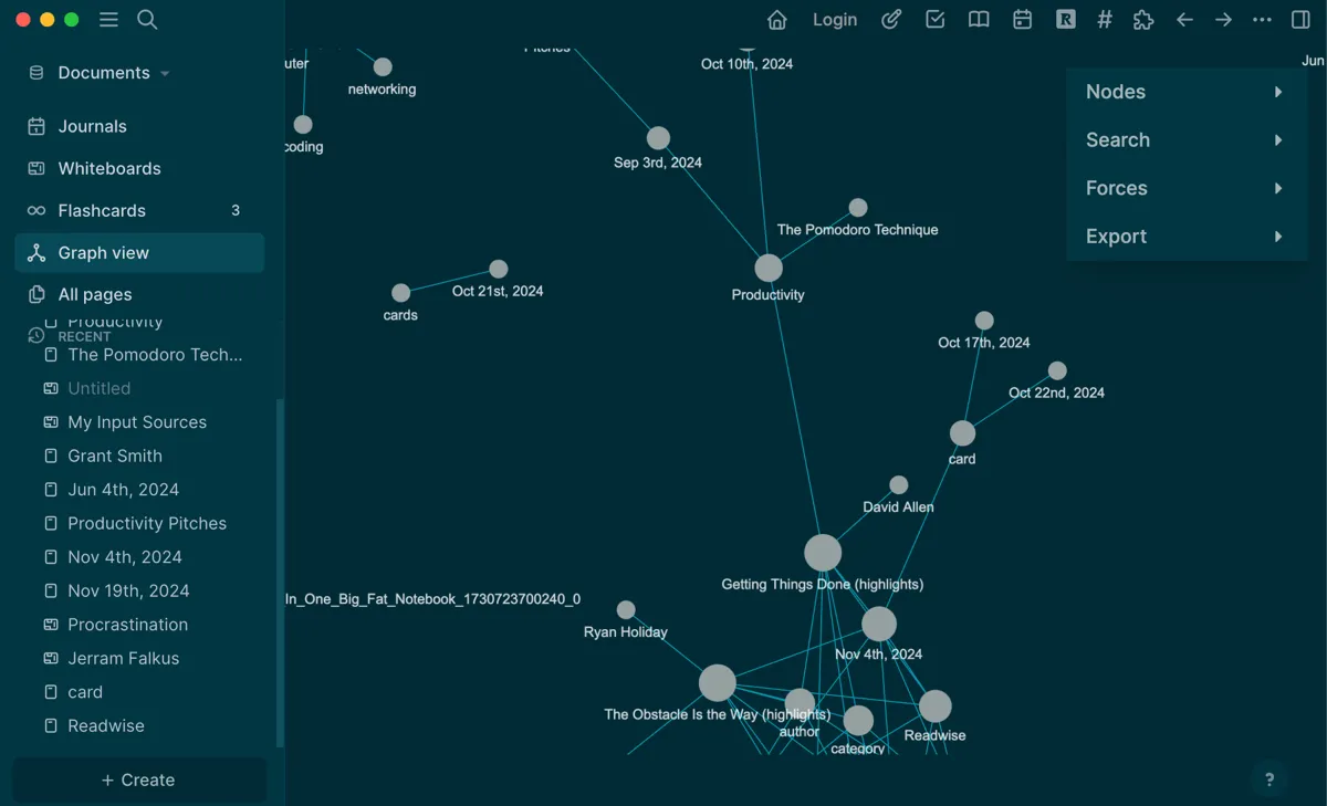 Chế độ xem biểu đồ (graph view) trong Logseq hiển thị mạng lưới các ghi chú liên kết với nhau xung quanh chủ đề năng suất, giúp hình dung mối quan hệ giữa các khái niệm.