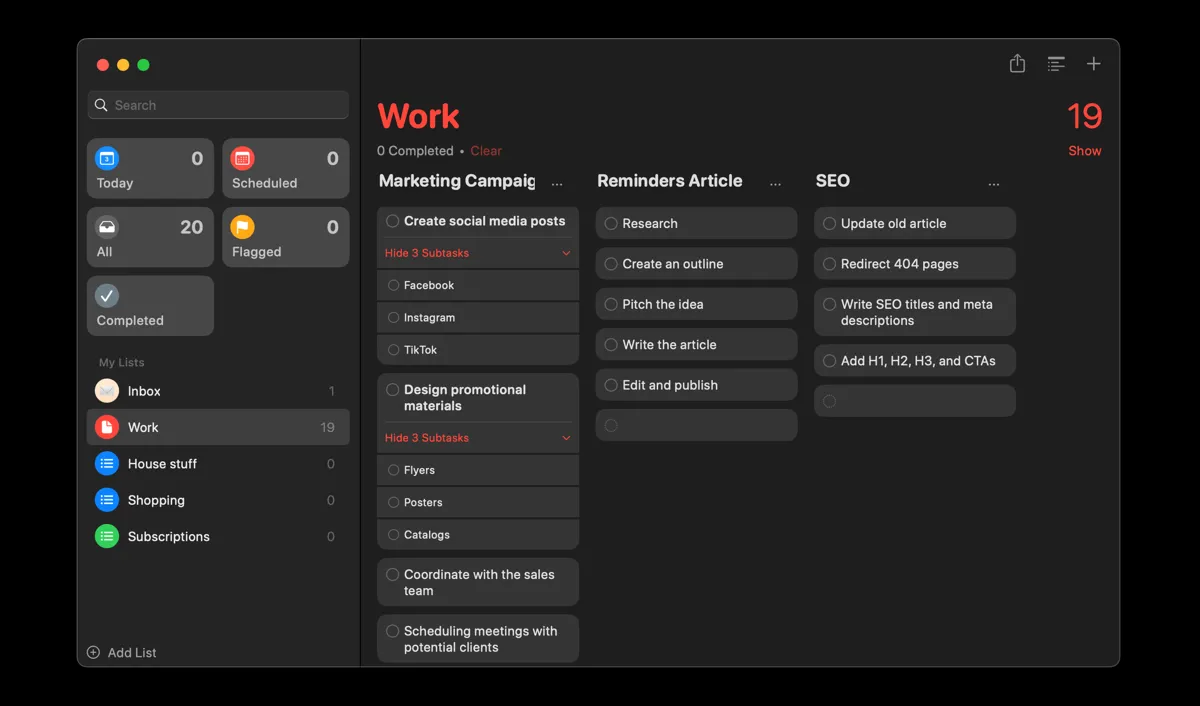 Chế độ xem cột Kanban trong ứng dụng Reminders trên Mac