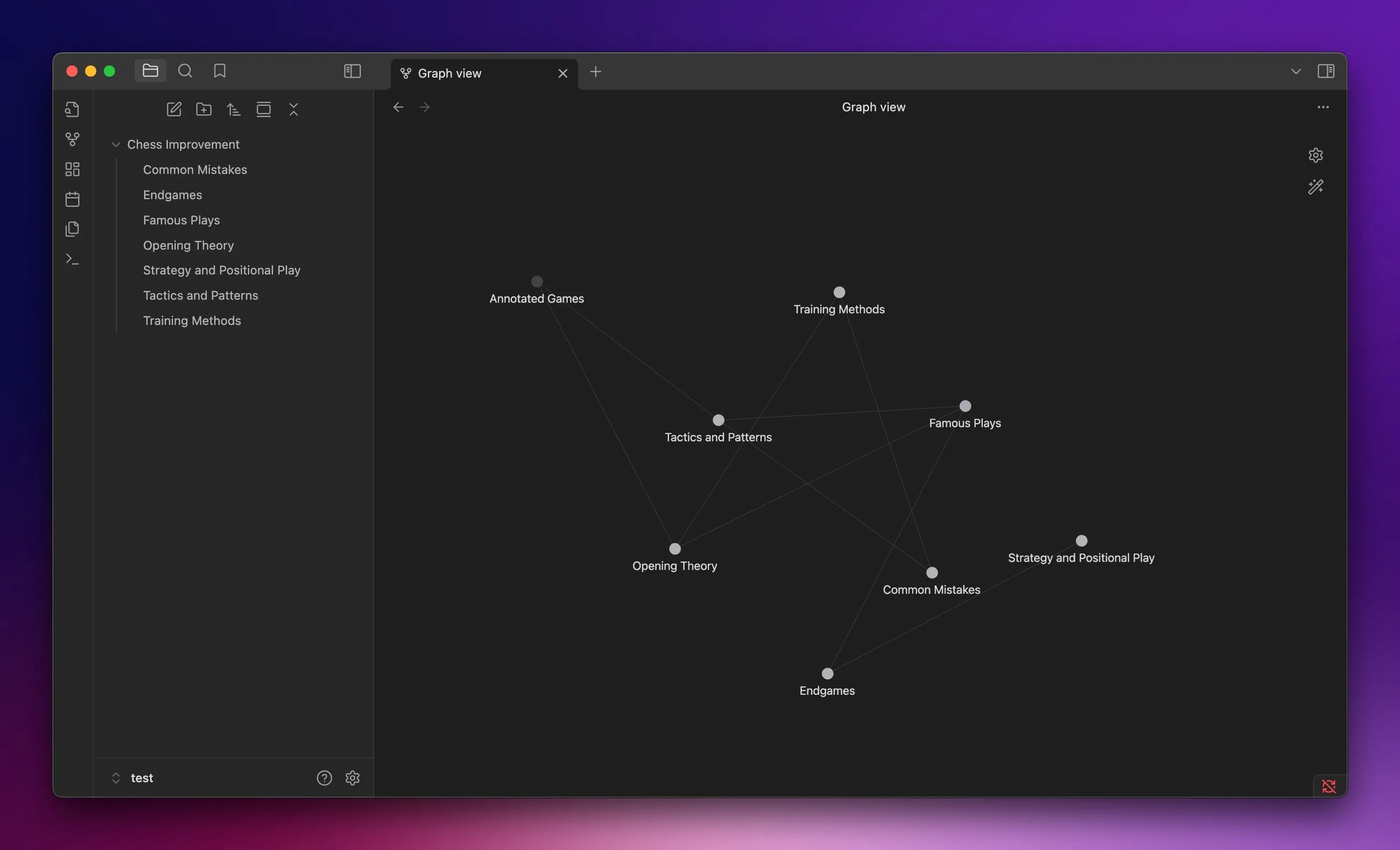 Chế độ xem Graph View của một kho ghi chú trong Obsidian trên máy Mac, minh họa các mối liên kết giữa các ghi chú.