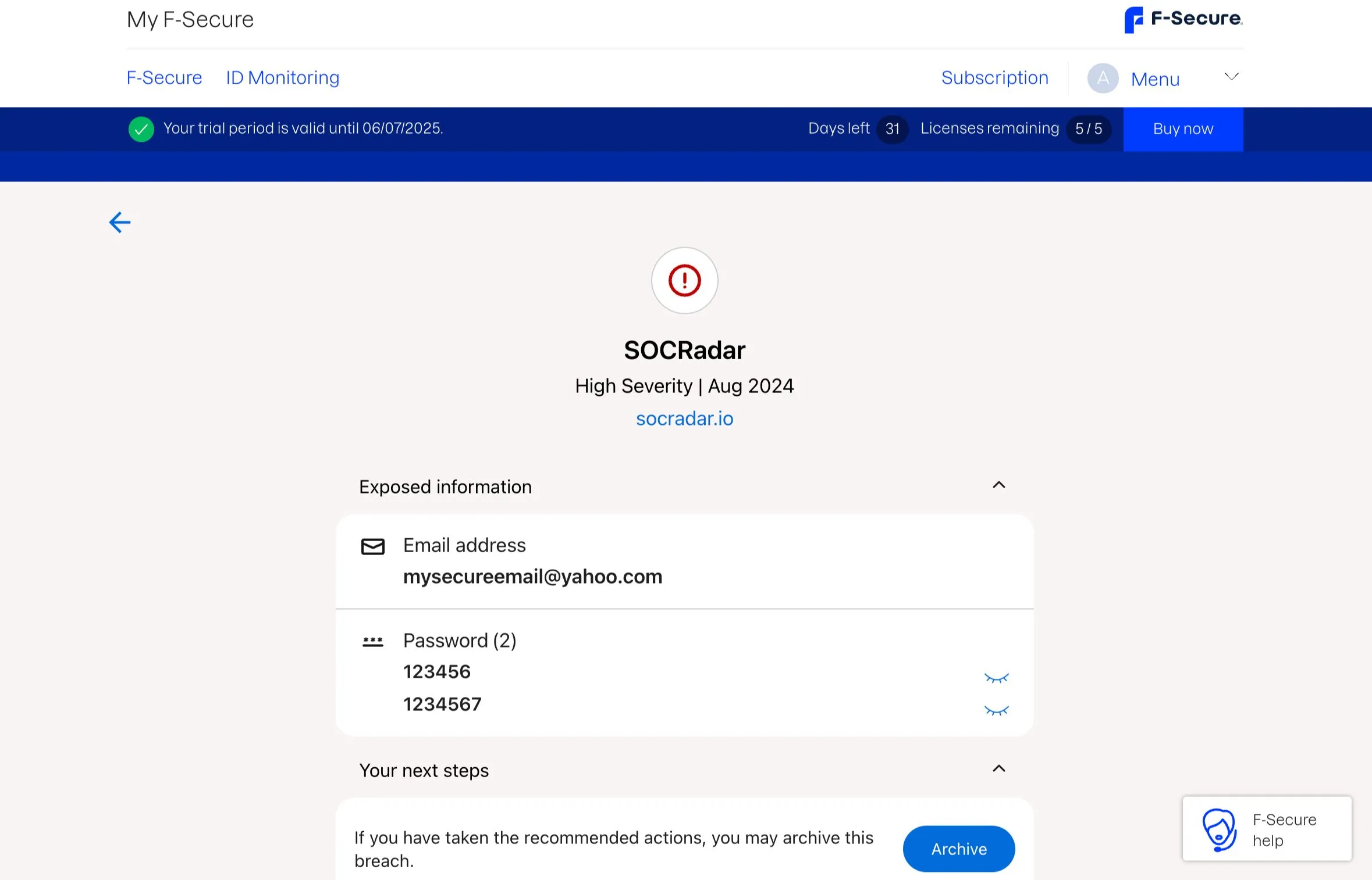 Chi tiết một vụ rò rỉ dữ liệu trên F-Secure, hiển thị thông tin bị lộ, mức độ nghiêm trọng và thời gian phát hiện.