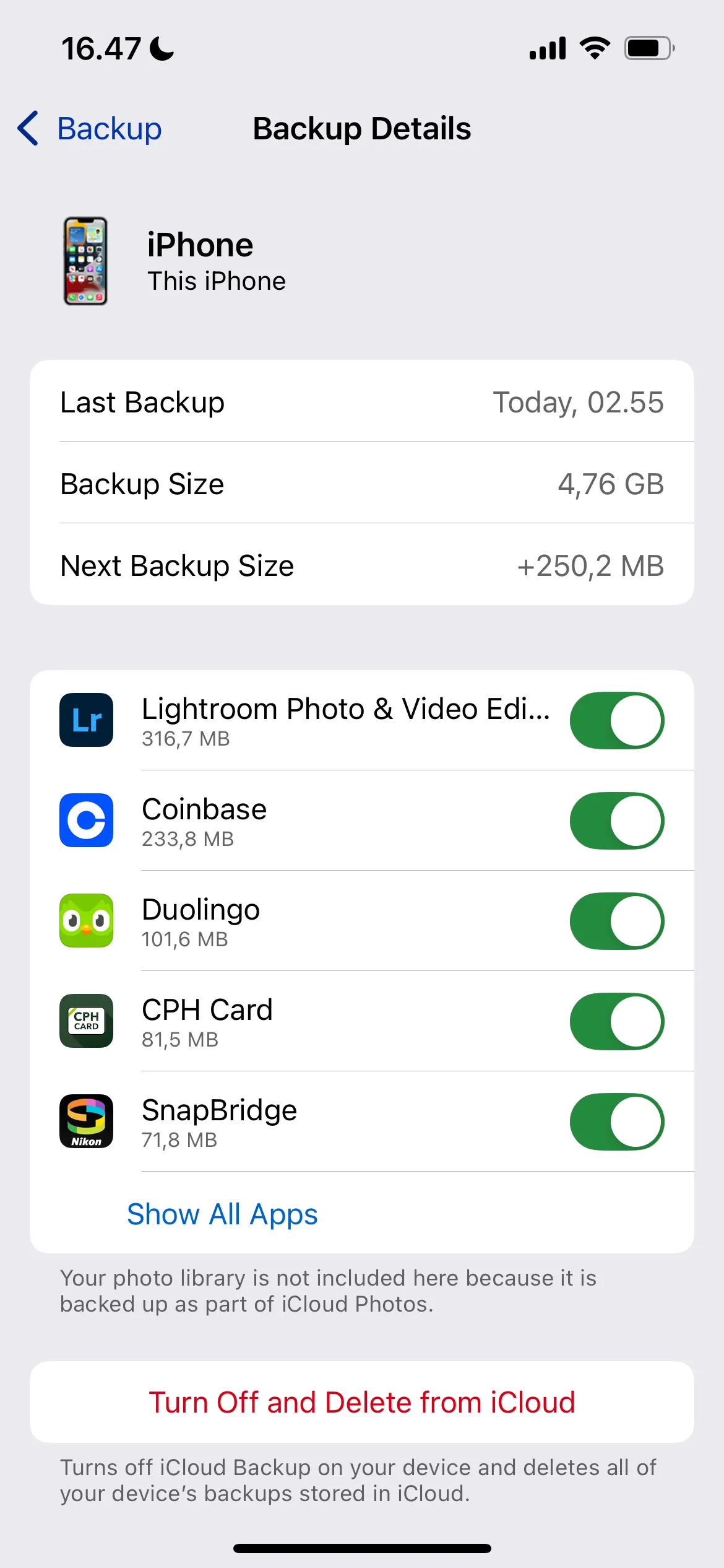 Chi tiết sao lưu iCloud cho iPhone, hiển thị danh sách ứng dụng được sao lưu