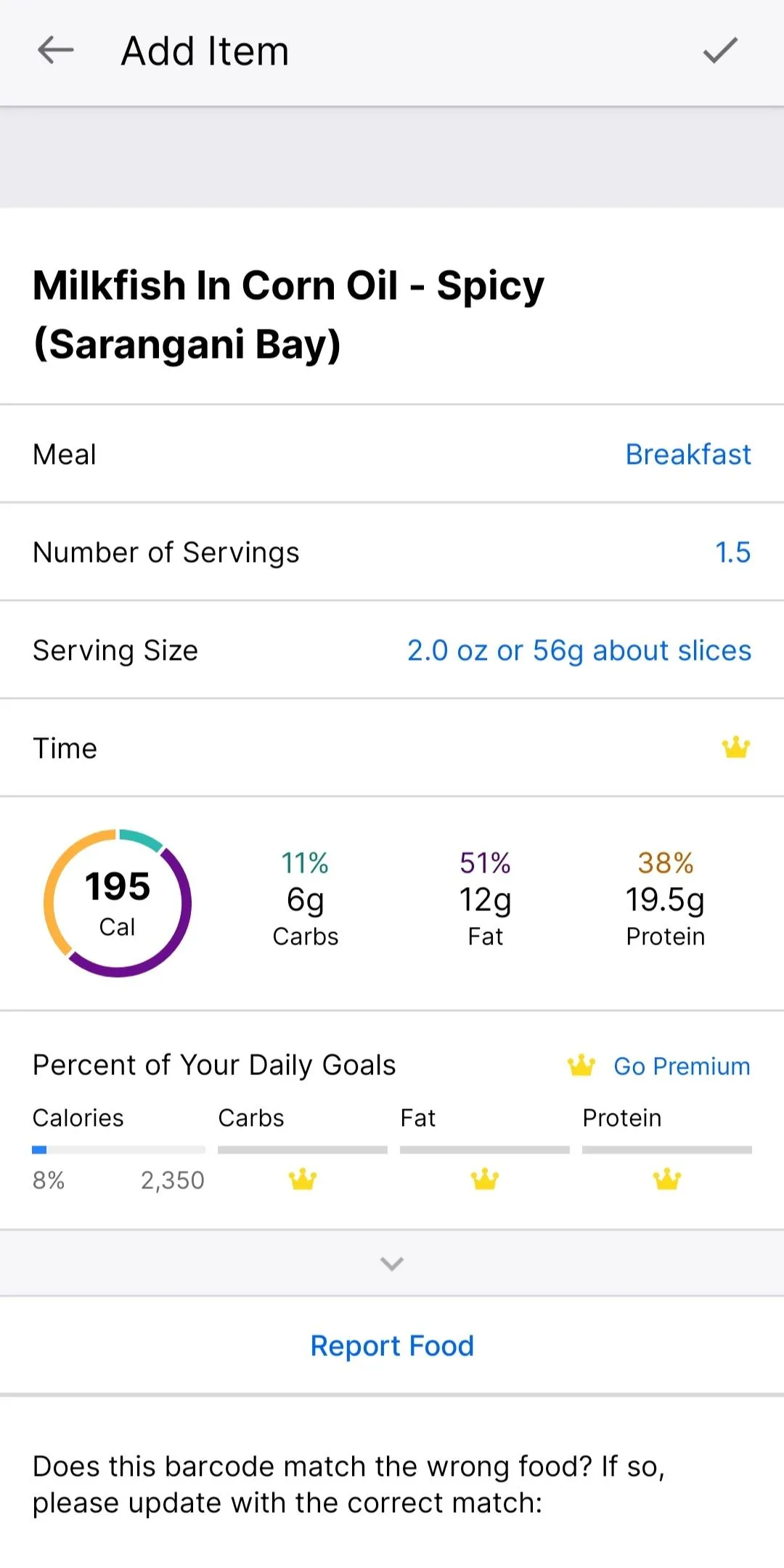 Chi tiết thành phần dinh dưỡng và khẩu phần ăn của món cá măng (Milkfish) trong ứng dụng MyFitnessPal, minh họa cơ sở dữ liệu thực phẩm đa dạng.
