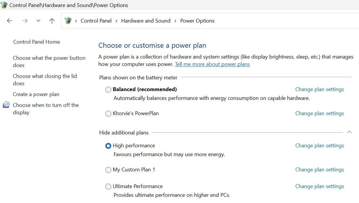 Chọn chế độ nguồn hiệu suất cao trong Bảng điều khiển Windows