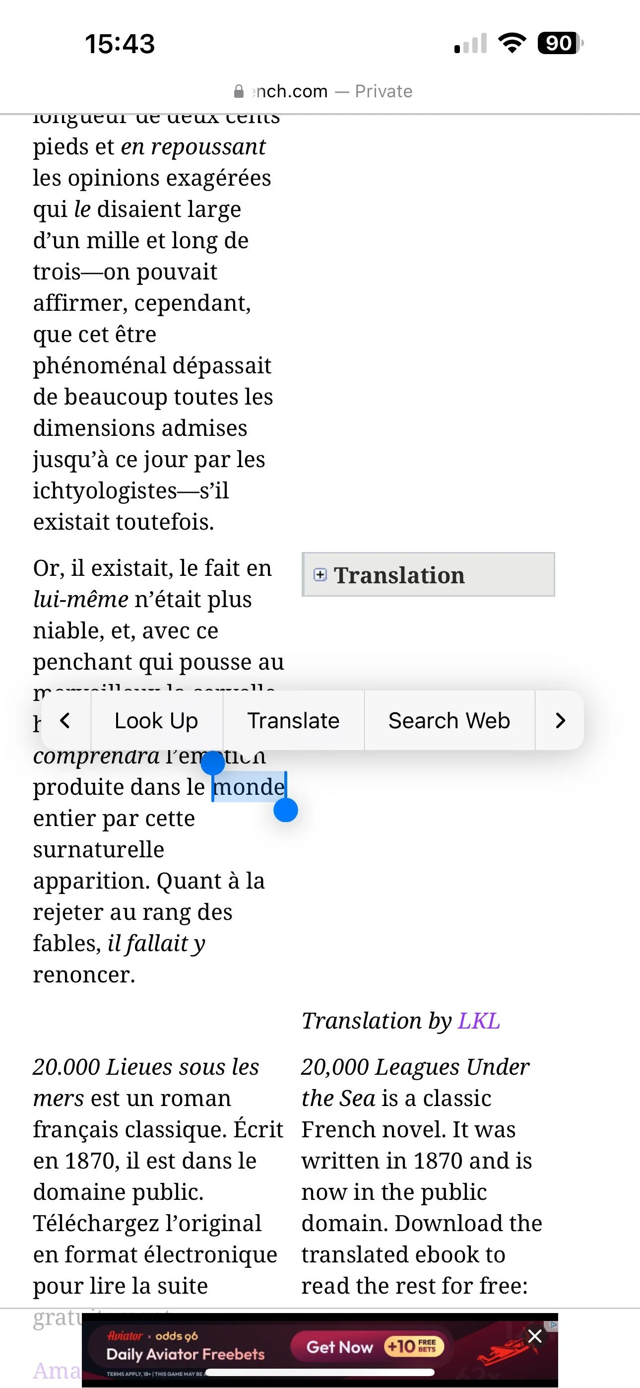 Chọn từ 'Dictionary' và mở menu ngữ cảnh trên iPhone, với tùy chọn 'Look Up' hiển thị để tra cứu nghĩa.