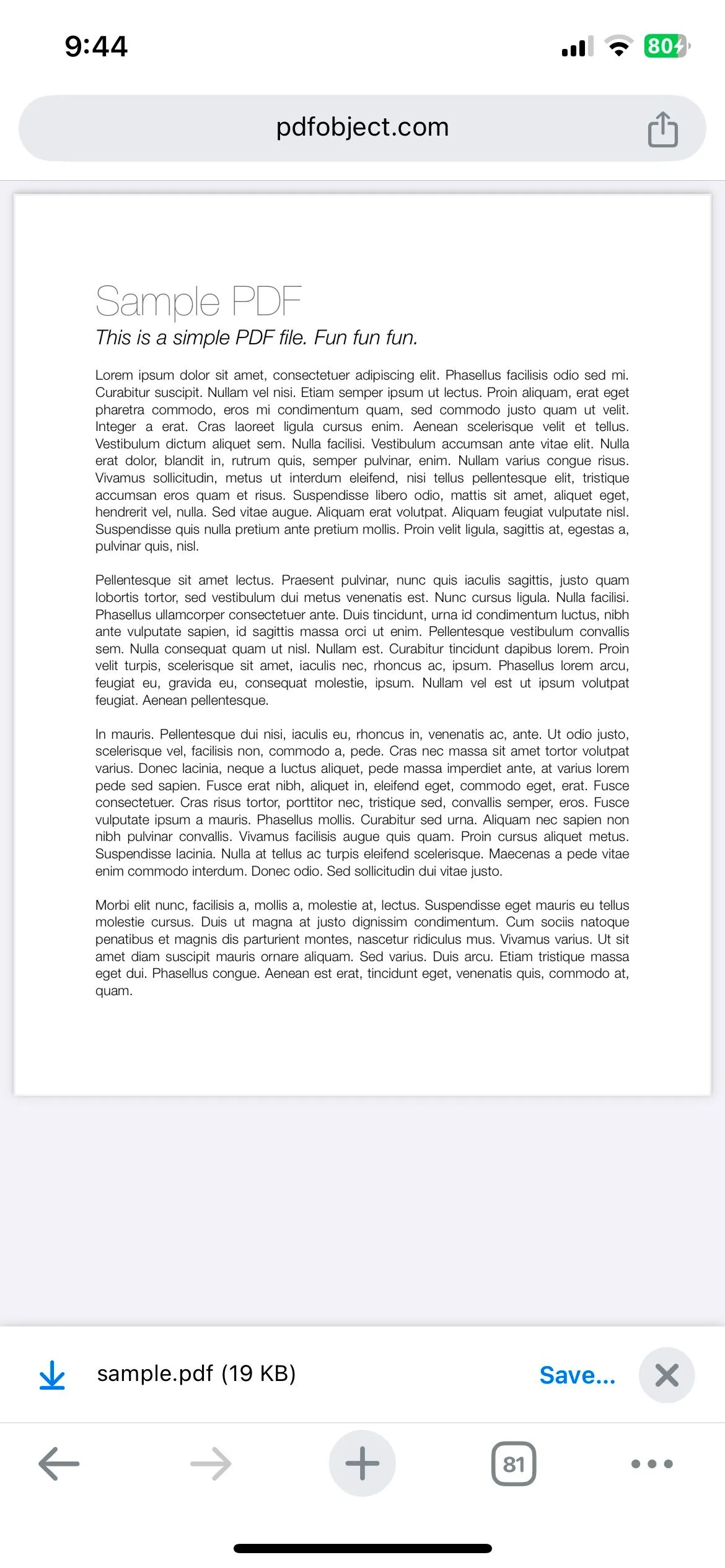 Chrome hiển thị một tệp PDF mẫu trên iPhone