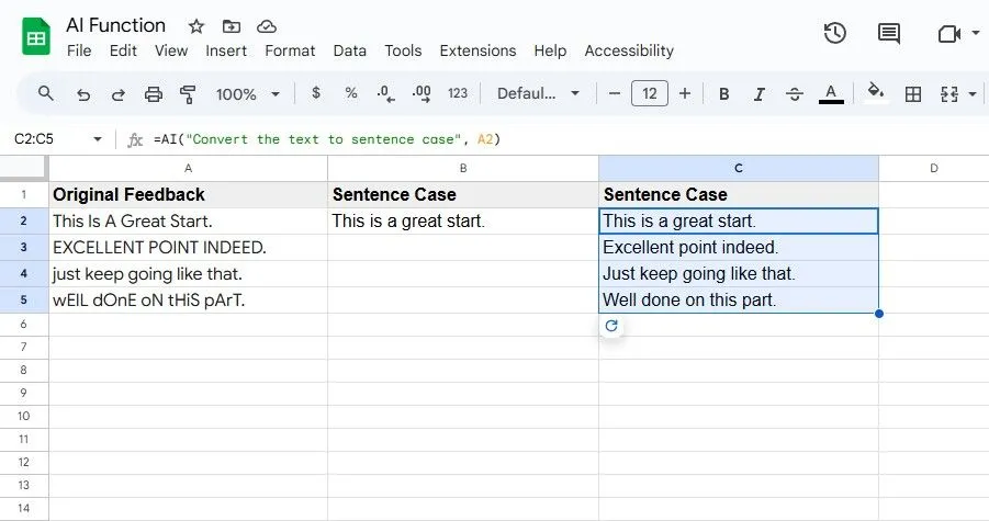 Chuyển đổi văn bản sang Sentence Case cho một loạt ô bằng hàm AI trong Google Sheets
