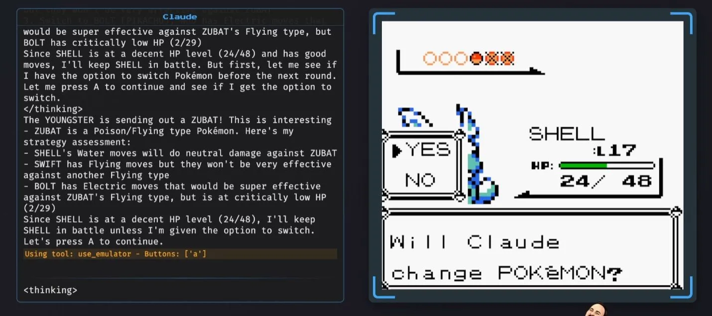 Claude AI chơi Pokémon trên Twitch cùng cửa sổ lý luận hiển thị chiến lược