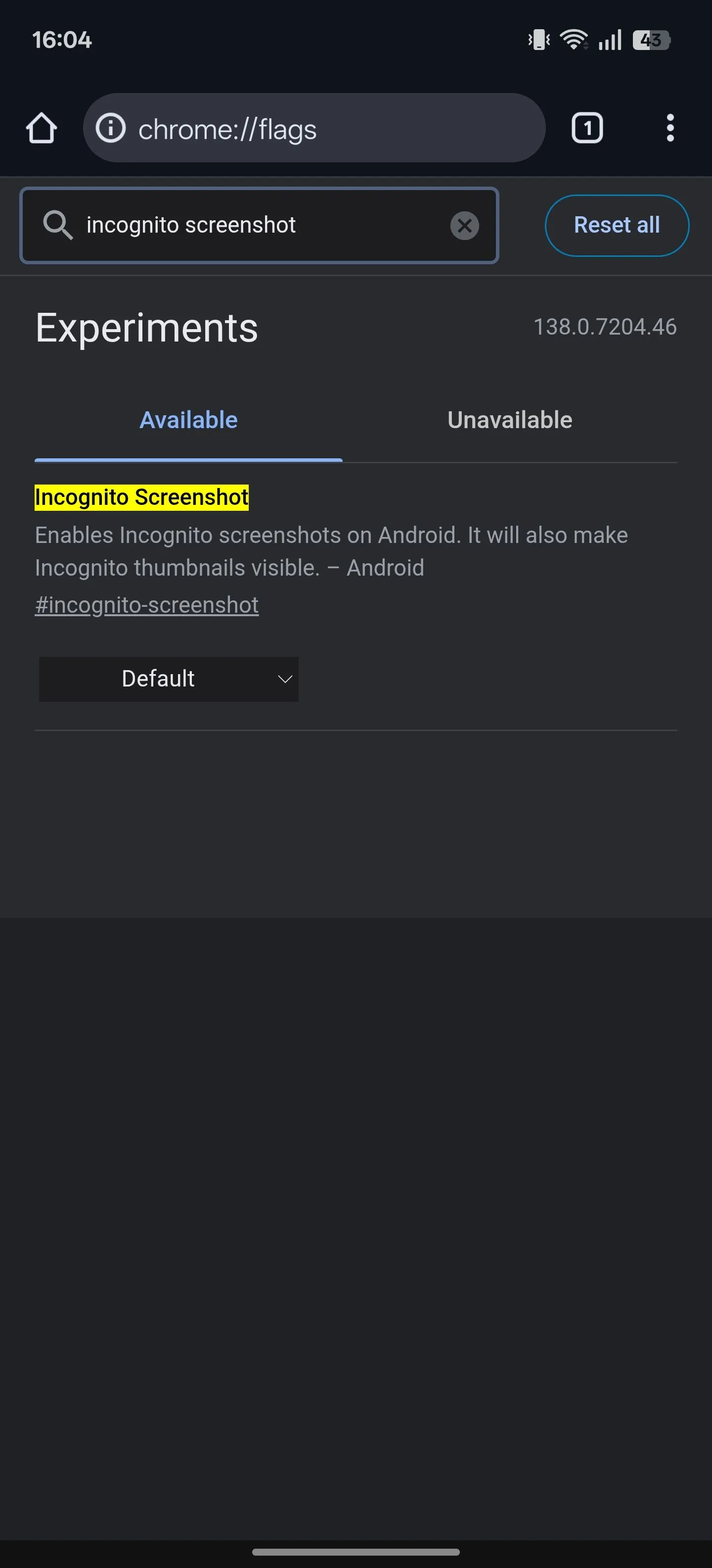 Cờ &quot;Incognito Screenshot&quot; (Chụp màn hình ẩn danh) trên trang chrome://flags của Chrome Android.