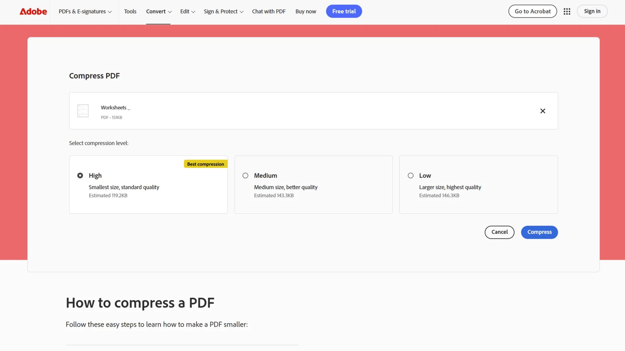 Công cụ nén PDF trực tuyến của Adobe với các mức chất lượng nén file