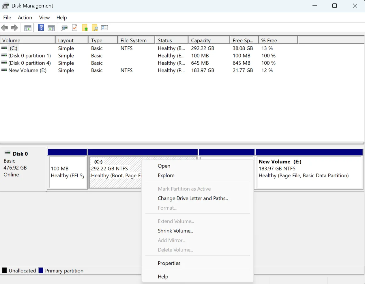 Công cụ quản lý ổ đĩa Windows 11 hiển thị tùy chọn phân vùng