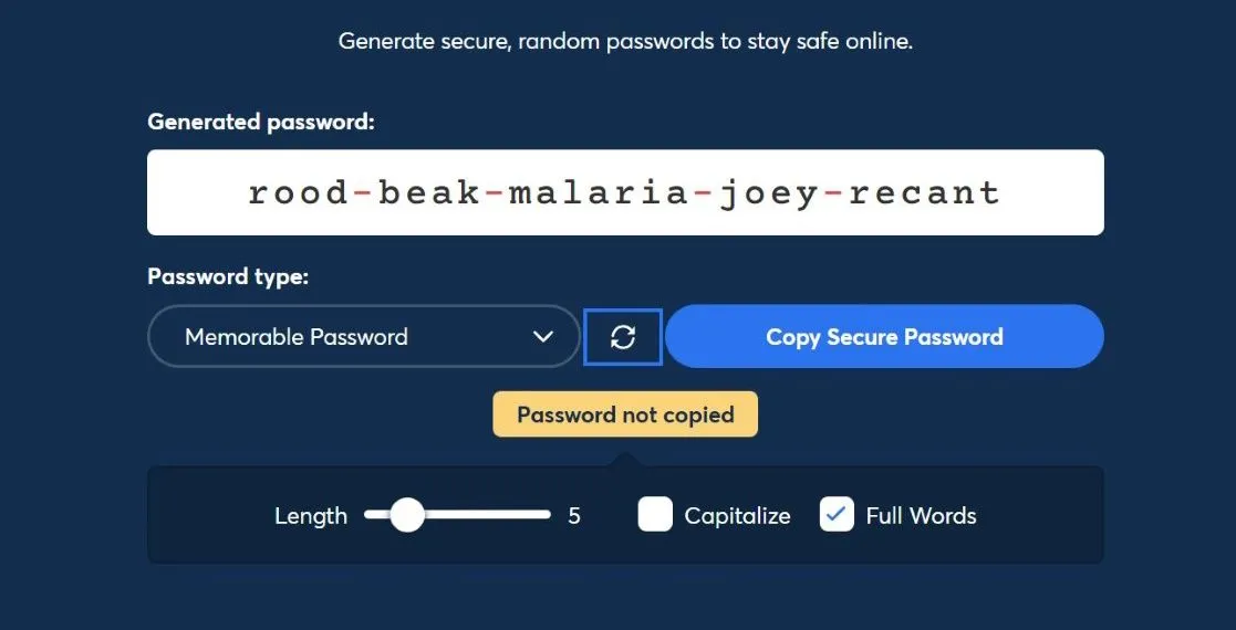 Công cụ tạo cụm mật khẩu ngẫu nhiên trong 1Password, một giải pháp mạnh mẽ để tạo mật khẩu và gợi ý bảo mật an toàn.