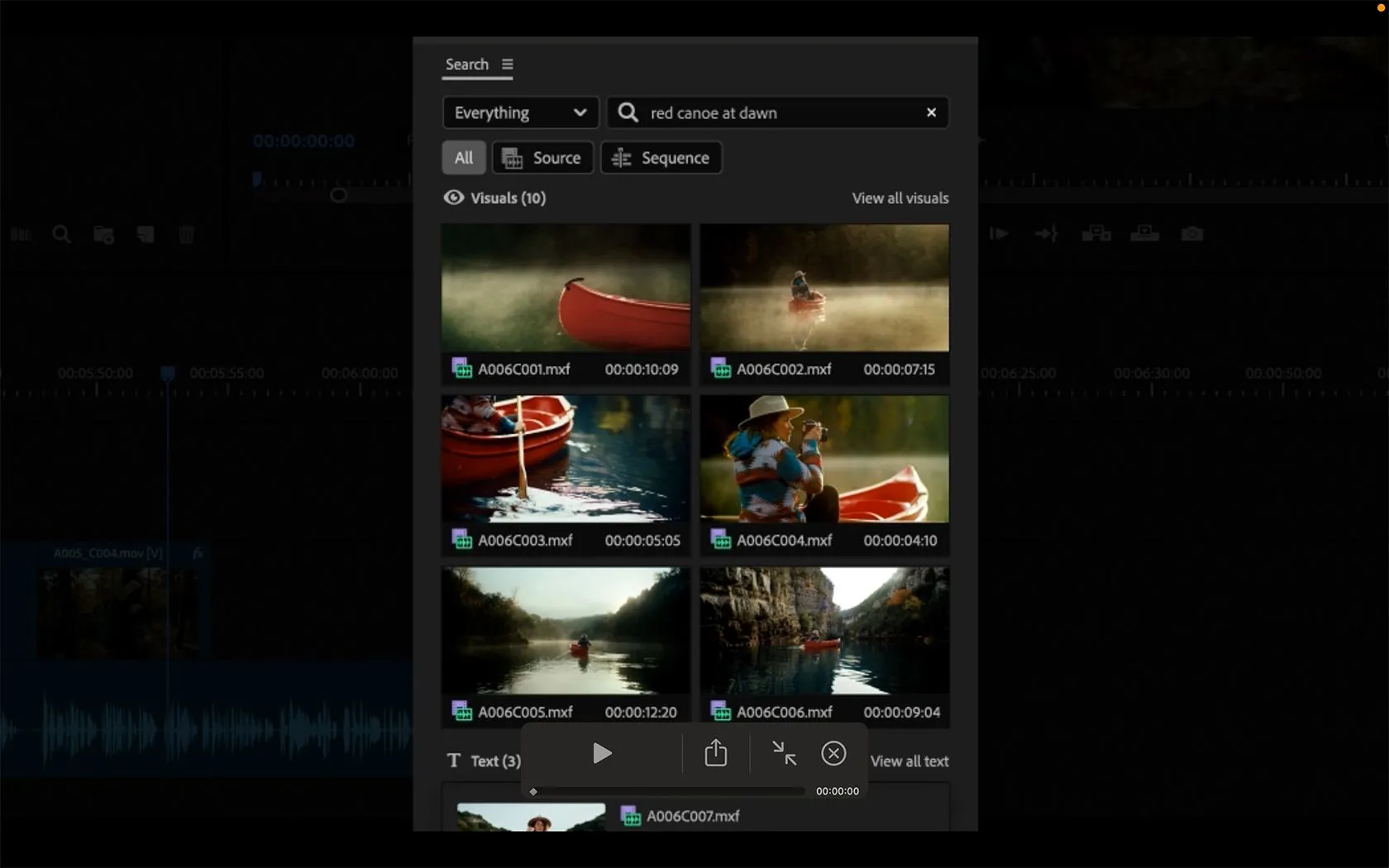 Công cụ tìm kiếm thông minh AI trong Adobe Premiere Pro hiển thị giao diện tìm kiếm video bằng từ khóa