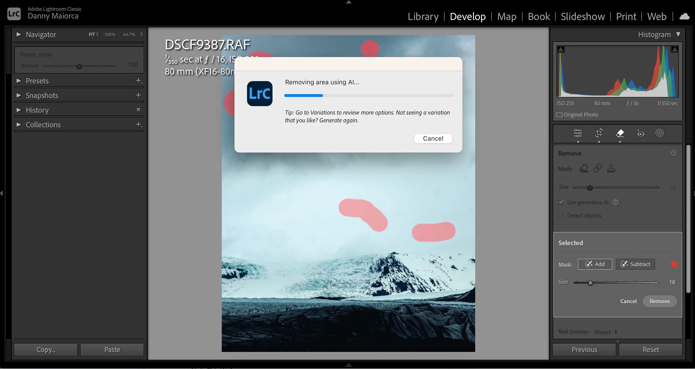 Công cụ Xóa Điểm bằng AI tạo sinh trong Adobe Lightroom