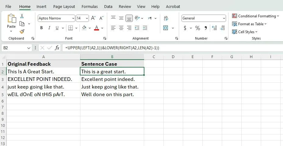 Công thức Excel chuyển đổi văn bản sang định dạng Sentence Case