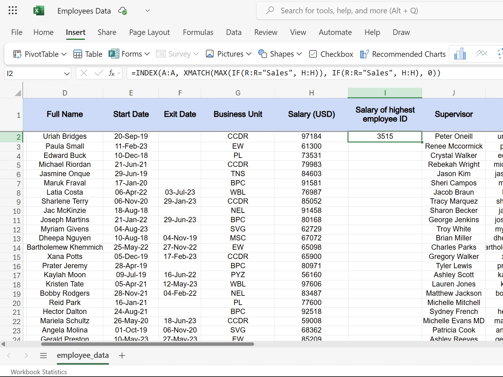 Công thức mảng INDEX và XMATCH Excel tìm lương của nhân viên có ID cao nhất trong phòng Sales