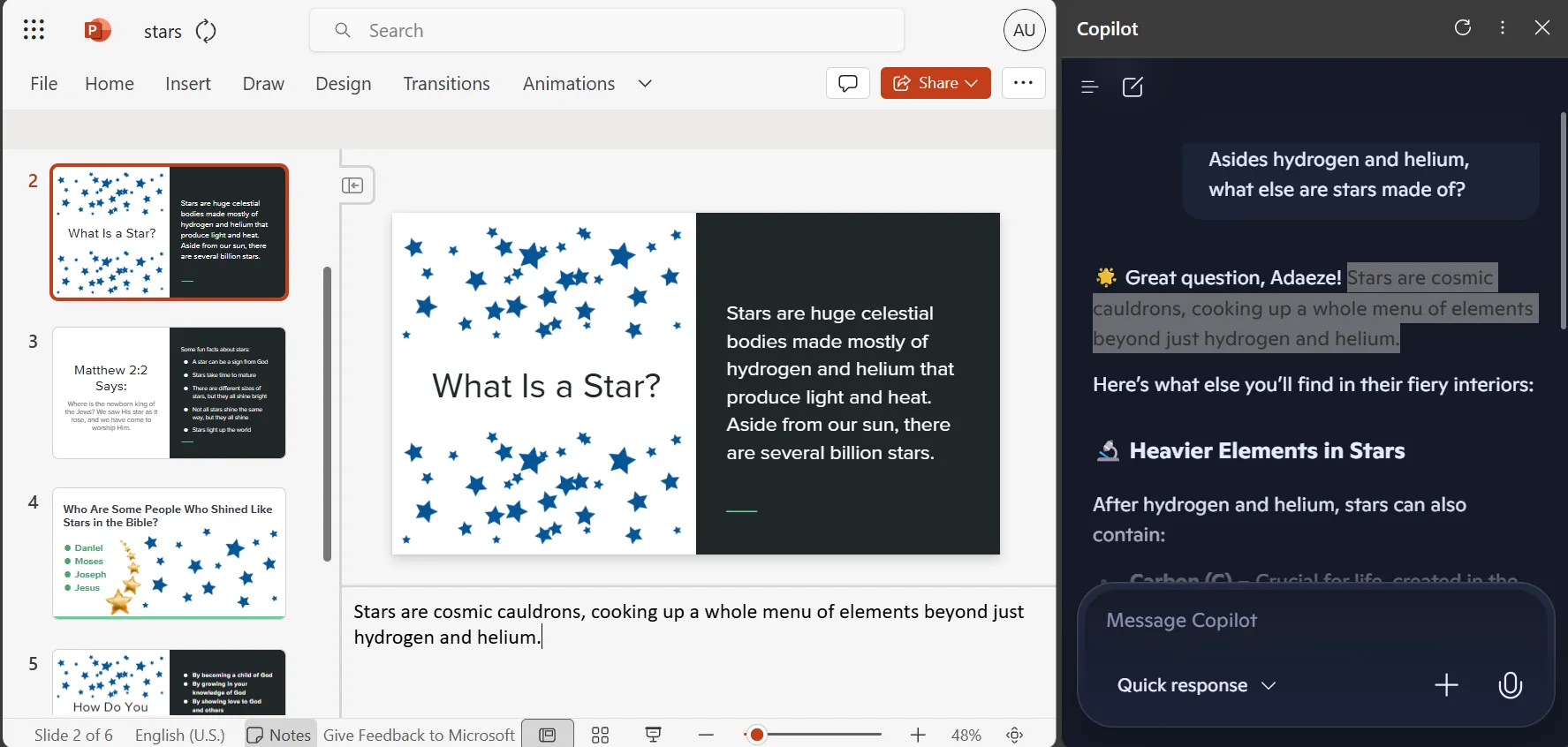 Copilot AI tích hợp bên cạnh bài thuyết trình PowerPoint Online
