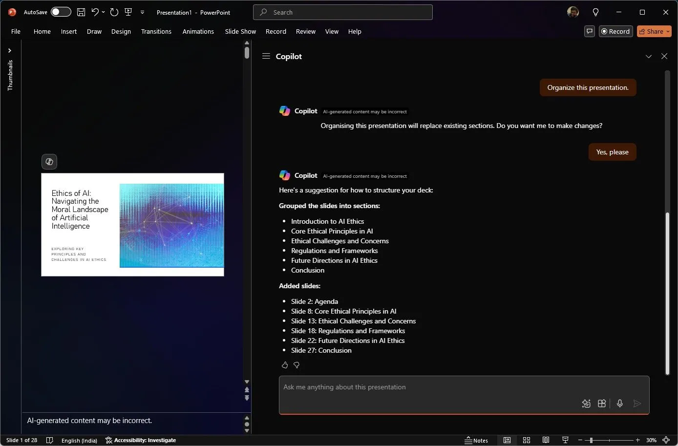 Copilot giúp tổ chức lại bố cục thuyết trình trong Microsoft PowerPoint